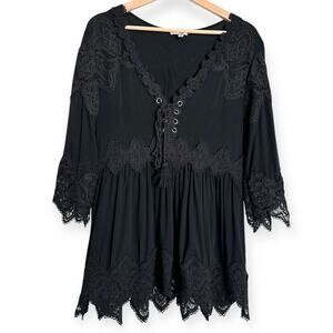 Vintage STYLE Black Lace Trimmed Lace Up Peasant Witchy Whimsigoth Top Women's M